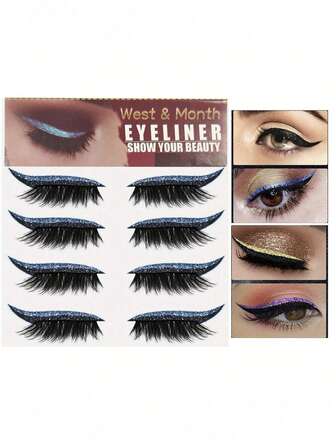 8PCS/4pairs False Eyelashes Set Comes With Eyeliner And Eyeshadow, European And American Style Comes With Flash Eyeshadow And Eyeliner False Eyelashes - Waterproof, No Glue Required, Eyelashes, Eyeliner And Eyeshadow All-In-One Sticker, Suitable For Party And Stage Makeup