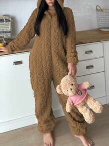 女士连帽连体衣，带耳朵和心形图案，舒适保暖，休闲居家服，适合秋冬季穿着。 - 卡其色 - 查看 4