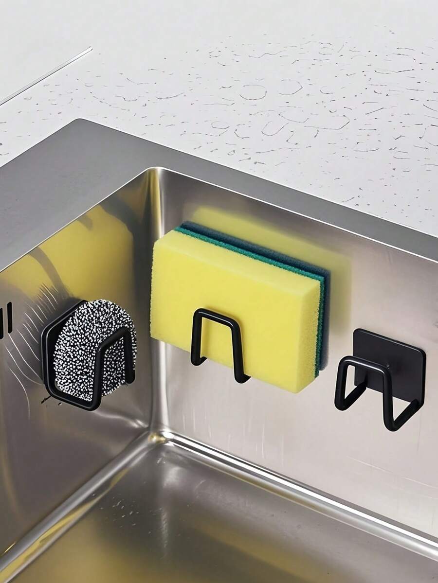 2pcs/Set Strong Adhesive Kitchen Sink Sponge Holder Rustproof & Waterproof Sink Drain Rack Scrubber Hanger Caddy Accessories Storage Rack For Scratch Scrub Dishcloth Dishrag Wool Exfoliator Strainer Stoppe Draining Rack Wall-MountedStorage Hooks