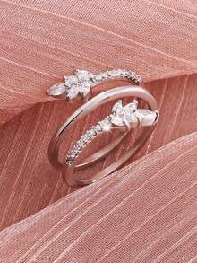 1 chiếc nhẫn Cubic Zirconia thiết kế hình lá nhiều lớp sáng tạo thời trang, quà tặng trang sức hoàn hảo cho phụ nữ, các cặp đôi, bạn thân, thích hợp cho hàng ngày, đám cưới, bãi biển, lễ tạ ơn, giáng sinh - Bạc - Xem 2