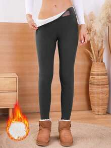 1 Piece Women's High-Waisted Fleece-Lined Leggings - Warm, Elastic, Slim-Fit Pants For Autumn And Winter, Women's Thickened Casual Sports Pants, Solid Color Non-See-Through Fabric, Shaping Legs, Thick And Warm, Suitable For Outdoor Activities, Running, Fitness, Yoga, Women's Fleece-Lined Leggings For Outer Wear, Winter Thickened Fleece Pants, Warm Loungewear Pants, Washable, Suitable For Cold Weather, Soft Lining, Elastic Fabric, Specifically For Fitness Enthusiasts-S02-3 - 灰色 - 查看 1
