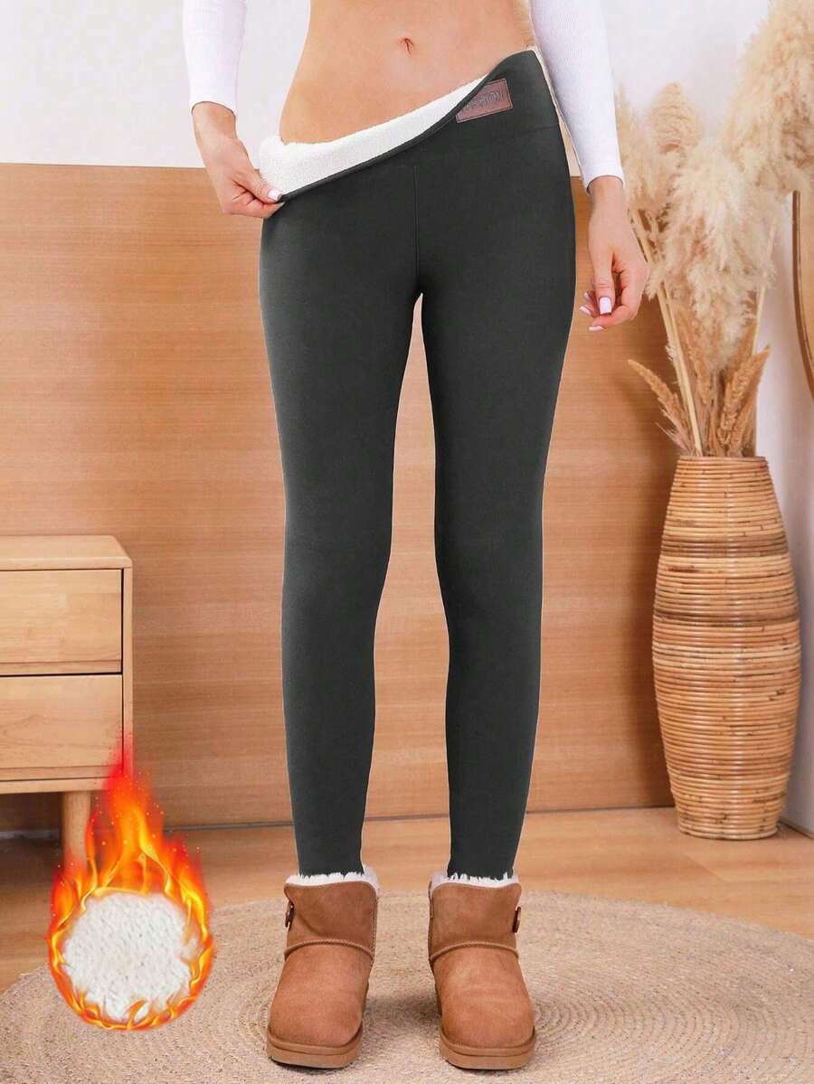 1 Piece Women's High-Waisted Fleece-Lined Leggings - Warm, Elastic, Slim-Fit Pants For Autumn And Winter, Women's Thickened Casual Sports Pants, Solid Color Non-See-Through Fabric, Shaping Legs, Thick And Warm, Suitable For Outdoor Activities, Running, Fitness, Yoga, Women's Fleece-Lined Leggings For Outer Wear, Winter Thickened Fleece Pants, Warm Loungewear Pants, Washable, Suitable For Cold Weather, Soft Lining, Elastic Fabric, Specifically For Fitness Enthusiasts-S02-3 - 灰色 - 查看 1