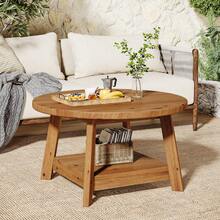 LITTLE TREE Farmhouse Round Coffee Table, Solid Wood 2-Tier Accent Table With Storage Shelf & Tapered Legs For Small Spaces - Apricot - View 6