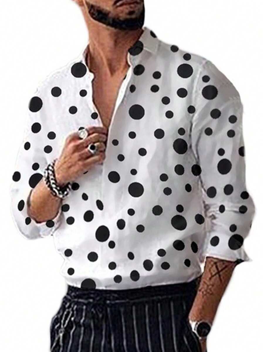 男士波点印花休闲百搭长袖衬衫 - 白色 - 查看 1