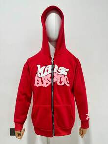 Y2K Retro Star And Letter Printed Zipper Hoodies,Spring Autumn Harajuku Y2K Women And Men Fashion Hip Hop Long Sleeve Hooded ,Avant-Garde - Street Casual Spring/Fall Loose Zipper Pocket Patched,Autumn And Winter Gothic Coat - 紅色 - 查看 2