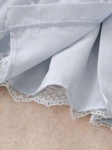 女士优雅通勤可爱甜美蝴蝶结圆领七分袖高腰上衣，刺绣蕾丝拼接衬衫，春夏款 - 淺藍色 - 查看 8