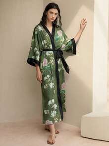 Vintage Bohemian Loose Mid-Length Fashionable Elegant Niche Design Kimono Cover Up, Casual Tie-Up Robe, Loungewear, Summer Beach Swimsuit Cover-Up, Lightweight Shawl Vacation Spring - 綠色 - 查看 7