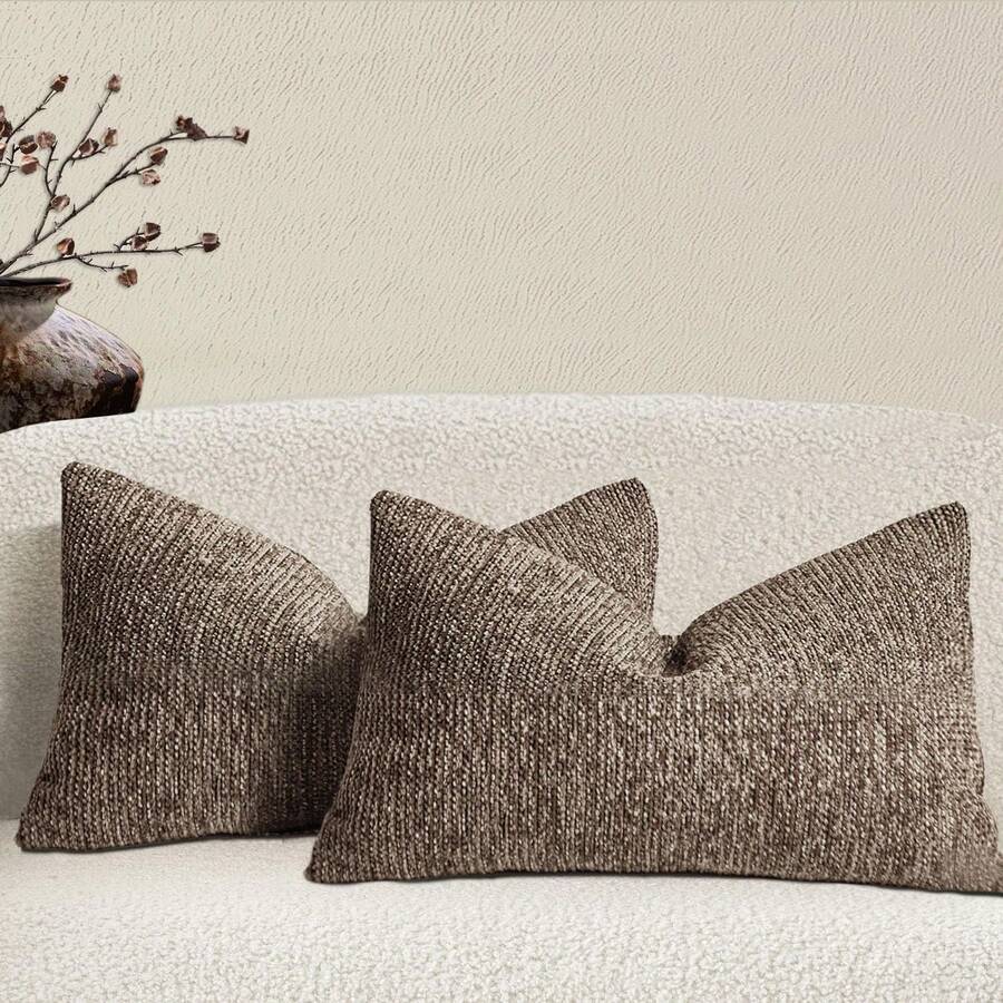 1pc Coffee Color Chenille Textured Throw Pillow Cover (Pillow Insert Not Included), Modern Farmhouse Decor Sofa Cushion Cover, Versatile Design For Sofa, Bed, Bedroom, Balcony, Living Room, Dining Room - Coffee Brown - View 1