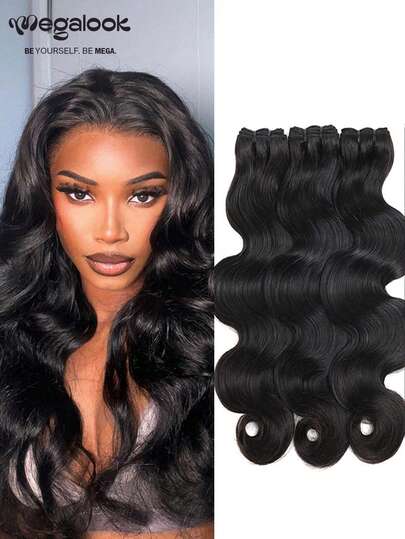 MEGALOOK 15A级水波纹100%真人发接发，可选1束或3束，长度10-26英寸，未经加工的巴西原生发，自然黑色，顶级品质，保持丝滑柔软的质感，适合女性。