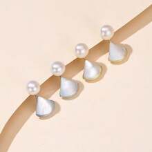 1对法式仿珍珠贝壳流苏扇形耳环，高端仿珍珠耳环，优雅小巧耳钉