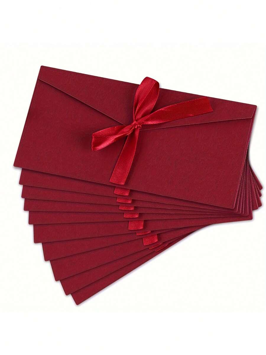 1/5/10pcs Elegant Red Kraft Paper Envelopes With Bows - Vintage Style, Self-Sealing Paper, Suitable For Weddings, Thanksgiving, Birthdays And Holiday Greeting Cards, Perfect Choice For Party Invitations And Special Occasions, Vintage Wedding Envelope Design, Decorative Bows, Wedding Invitations - Multicolor - View 1