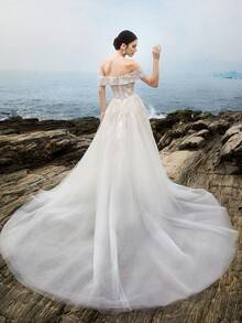 Elasola HEARBOBO 华丽串珠露肩优雅正式晚宴舞会美人鱼婚纱新娘礼服，适合毕业典礼、晚宴等场合 - 白色 - 查看 3