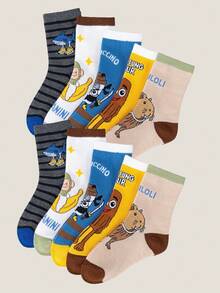 5 Pairs Kids Cute Shark Cartoon Pattern Socks, Breathable Moisture-Wicking, Boys Mid-Calf Socks, Autumn/Winter - Multicolor - View 14