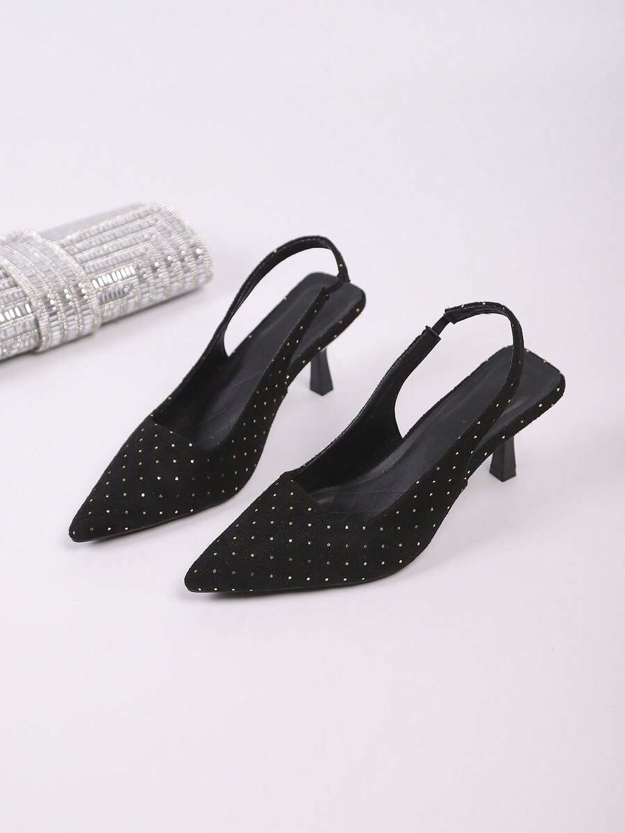 女士小猫跟时尚凉鞋，黑色波点舒适休闲一脚蹬鞋，适合夏季度假 - 黑色 - 查看 1