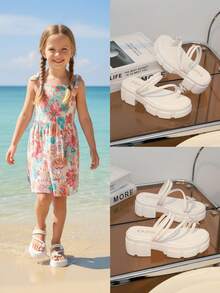 1双白色儿童/女童厚底凉鞋，白色PU鞋带，饰有水钻和珍珠蝴蝶图案，套脚圆头防滑时尚可爱沙滩厚底增高凉鞋，适合3-15岁女孩，室内/室外日常休闲沙滩街头聚会，春夏新款 - 白色 - 查看 4