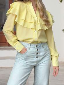 Women's V Neck Ruffle Shirts Fashionable Solid Color Long Sleeve Loose Fit Button Down Blouse - Yellow - View 3