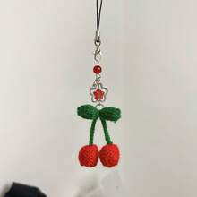 Winter Story New Handmade Knitted Cherry Beaded Five-Pointed Star Sweet Cherry Yarn Craft Phone Lanyard, Phone Charm, Earphone Charm, Bag Charm