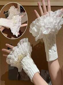 1 pieza Duradera y suave al tacto, estas mangas con lazo de encaje están adornadas con ribete de encaje y lazos. Perfectas para combinar con un vestido dulce para citas o fiestas.