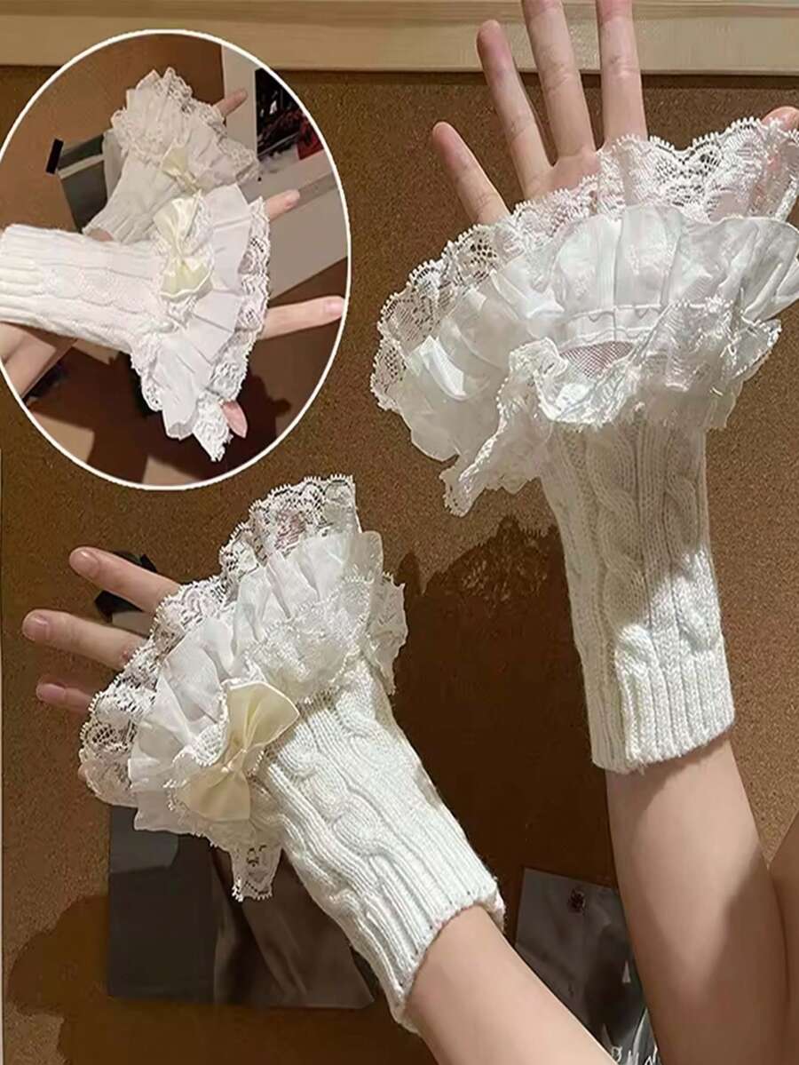 1 pieza Duradera y suave al tacto, estas mangas con lazo de encaje están adornadas con ribete de encaje y lazos. Perfectas para combinar con un vestido dulce para citas o fiestas.