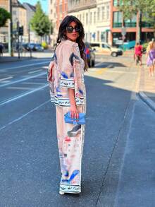 2件套：城市印花衬衫配装饰边和阔腿裤，时尚风格 - 粉色 - 查看 6