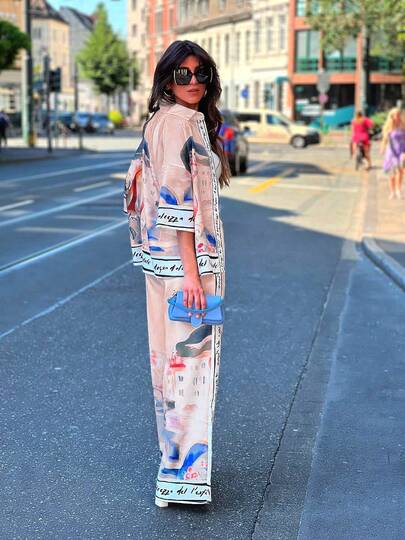 Women's Fashionable 2 Pieces Set For Autumn, Artistic Print Button-Up Top Paired With Flowy Wide-Leg Pants, Creating A Look Pink Summer Elegant
