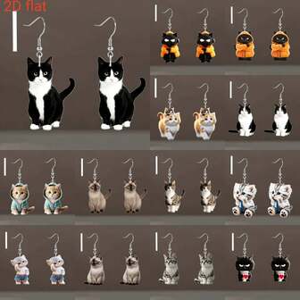 2D Flat Cat Earrings Set: With Various Cute Cat Elements (Black & White Cat, Hoodie Cat, Multi - Breed Cats). Perfect For Daily Wear, Cat - Themed Events. Ideal Gift For Cat Lovers, Women & Girls Who Love Whimsical Pet Accessories