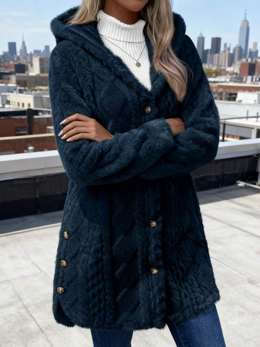 Women's Mid-Length Casual Hooded Jacket, Machine Washable Or Dry Cleanable, Solid Color, Versatile Solid Color, Lightweight, Comfortable And Casual, Personalized Niche Design. - 藏蓝色 - 查看 1