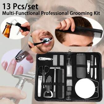13 Pcs/Set ชุดกรูมมิ่งมืออาชีพมัลติฟังก์ชั่นสำหรับล้าง ทำความสะอาด ตัดแต่งเล็บและโกนหนวด ชุดกรูมมิ่งแบบพกพาสำหรับเดินทางสำหรับผู้ชาย ประกอบด้วยแหนบ กรรไกรตัดเล็บ ตะไบเล็บ ที่กันขนจมูก หวี แปรงสีฟัน มีดโกน แปรงปัดฝุ่น กระจกสองด้าน และที่เปิดขวดมัลติฟังก์ชั่น กล่องเก็บเครื่องหนัง – ของขวัญที่สมบูรณ์แบบสำหรับสุภาพบุรุษและคุณพ่อ!