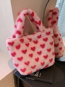 Girly Pink Heart Plush Handbag: Sweet Style Cute Plush Bag, Autumn & Winter Fashion Accessory Purse For Girls