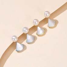 1对法式仿珍珠贝壳流苏扇形耳环，高端仿珍珠耳环，优雅小巧耳钉