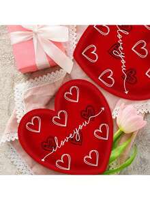 10/20/30/60件組紅色愛心造型一次性餐具，白色輪廓愛心 I Love You 印花 7英吋與9英吋盤子、飲料紙杯，浪漫紅心餐具，情人節婚禮週年派對用品 - 款式一 - 查看 2