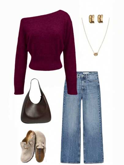 Sexy Open Shoulder Off Shoulder Knit Sweater, Comfortable & Elegant, Suitable For Dating, Daily Gatherings, Casual Travel In Autumn/Winter