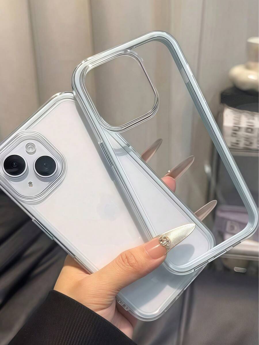 高端质感的智能时尚手机壳，三合一加厚硬质材质，炫彩纯色边框，个性创意粉色、白色、黑色、蓝色、绿色，极简简约防摔全覆盖透明感炫彩手机壳兼容防水防震防摔防刮 - 藍色 - 查看 1