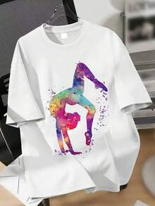 Casual Minimalist Funny Yoga & Dance Print Pullover Sweater, Round Neck Short Sleeve, New Spring/Summer Collection - White - View 2