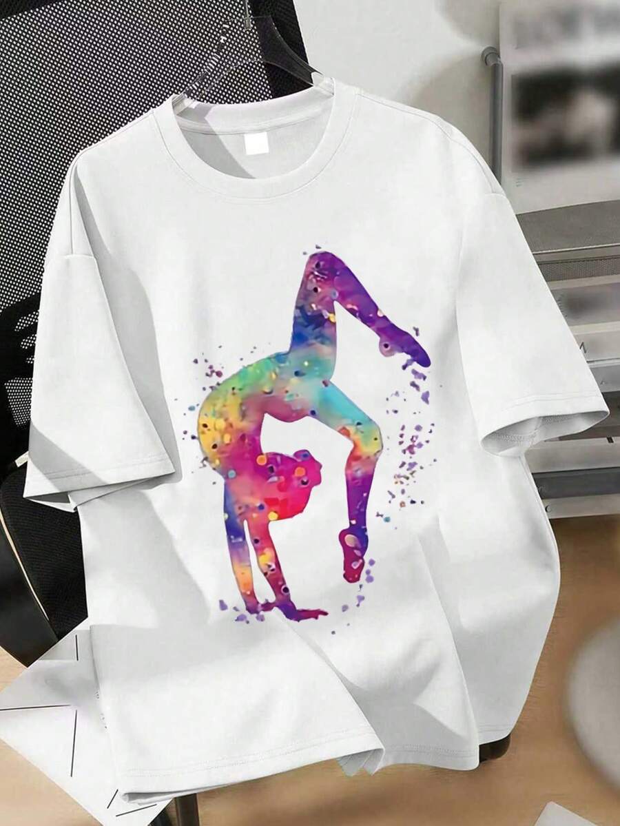 Casual Minimalist Funny Yoga & Dance Print Pullover Sweater, Round Neck Short Sleeve, New Spring/Summer Collection - White - View 1