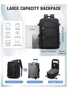 40*20*30厘米大号真空压缩旅行包，可扩展背包，真空压缩设计，可装15.6英寸笔记本电脑，旅行随身携带，防水笔记本电脑背包，休闲大学日常背包，符合航空旅行规定，男女通用，适合短途旅行和商务出行，黑色旅行包 - 黑色 - 查看 4