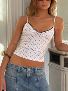 Women Y2k Polka Dots Print Cami Tank Tops V Neck Sleeveless Open Back Spaghetti Strap Camisole Tops Slim Fit Crop Vest Shirts Summer Cute Going Out Tops Daily Casual Streetwear - 白色 - 查看 6