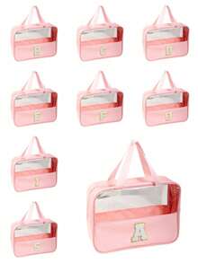 1个多功能PVC洗漱包,透明PVC化妆包,大容量化妆包,DIY字母设计化妆包,防水旅行收纳包,简约字母贴布旅行化妆包,适用于化妆品、香水,适合海滩、学校、浴室、节日、母亲节、圣诞节等场合,是送给妈妈、家人、朋友的绝佳礼物 - 彩色 - 查看 3