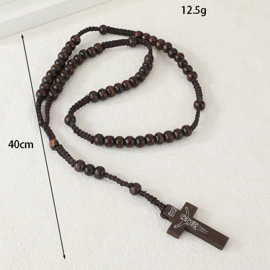Wood Bead Rosary Necklace 1-Piece - Handmade Adjustable Cross Pendant, Natural Spiritual Jewelry For Men & Women - 咖啡色 - 查看 1