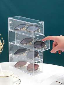 1-Piece Acrylic Eyewear Case: Stackable 4-Tier Desktop Display Box For Glasses & Sunglasses, Dust-Proof Stationery Drawer Storage. A Transparent, Four-Tier Drawer-Style Premium Luxury Storage Solution For Eyeglasses, Sunglasses, And Accessories, Ideal For Vanity Storage (Stackable). This Drawer-Style Organizer Is Perfect For Organizing Sunglasses, Eyeglasses, Watches, Jewelry, Cosmetics, Accessories, And Other Items, Featuring Scratch-Resistant And Wear-Resistant Properties. The Sunglasses Storage Box Is Made Of Acrylic With A Transparent Frame And Includes Four Drawers. Suitable For Both Men And Women, It Can Be Used To Store Eyewear, Jewelry, Watches, And More.Pouch,Pouch Bag,Cosmética. - 彩色 - 查看 13