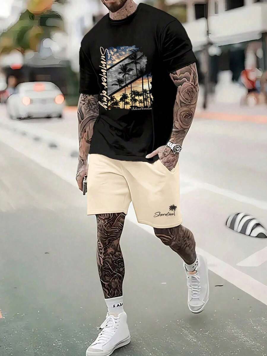 Men's Palm Tree Letter Printed Round Neck Short Sleeve Casual T-Shirt And Shorts Set, Summer, Men S Casual Graphic Letter Print Short Sleeve T Shirt And Shorts Set, Men Two Piece Casual Short Sets - màu đen - Xem 1