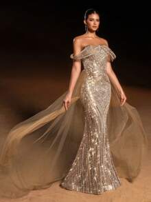 Shiny Patchwork Pattern Sequin Patchwork Zipper Mesh Patchwork Formal Evening Gown - Cà phê nâu - Xem 6