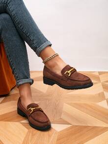 Women's Loafers, Round Toe Metal Buckle Flat Loafers, Outdoor Retro Women's Flats, Flat Brogues, Women's Shoes, Women's Casual Shoes - Bronze - View 3