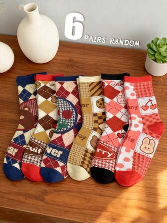 6双装女士复古元素兔子、饼干、字母不对称图案中筒袜，柔软时尚，适合春秋季日常穿着