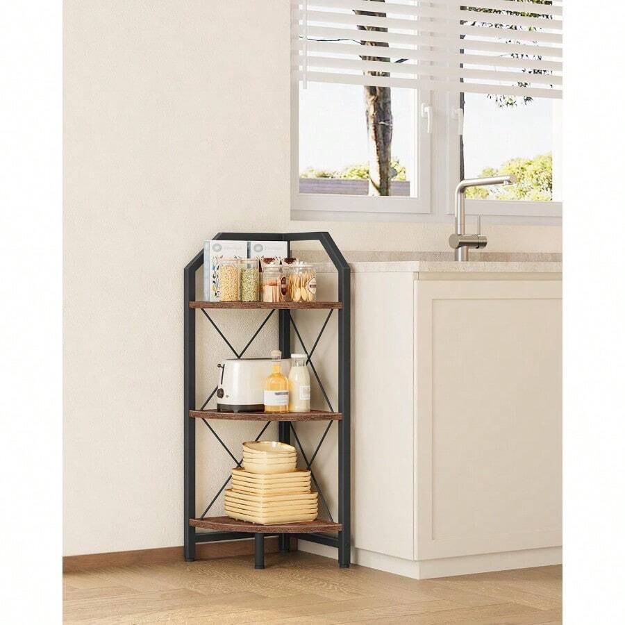 59.4" Corner Shelf 5-Tier Industrial Corner Bookshelf Corner Storage Stand Plant Stand Display Shelf Bookcase For Bedroom Living Room Home Office Rustic Brown And Black TCJ10BF - 鄉村棕色和黑色+3層 - 查看 1
