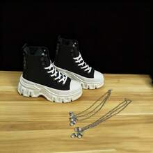 SLnU3 Ghete de motocicletă SLNU★3 pentru bărbați, la modă, cu talpă groasă, ridicate, accesorii decorative cu lanț de craniu, stil gotic casual punk street preppy, inele metalice versatile, fermoar lateral cu șireturi, design simplu, potrivite pentru exterior, toate anotimpurile - Alb-negru - Vizualizare 7