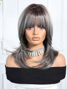 18英寸优雅灰色长卷发假发，带挑染和刘海 - 深色发根至浅色发尾，合成纤维材质，适合女性日常、派对、节日、旅行、万圣节、圣诞节、新年、狂欢节、音乐节、角色扮演等各种场合，是送给女孩的理想礼物，也是夏季毕业季的完美礼物，现成的礼物之选，万圣节圣诞节礼物。 - 灰色 - 查看 4
