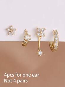 4件套优雅不锈钢立方氧化锆圆形耳环套装，18K镀金花朵耳钉，女士款 - 4pcs for one ear - 查看 5