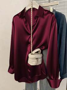 Satin Bluse in Große Größen für Damen, Business Lässig Knopfleiste Hemd, Kragen Design, elegant für Büro und Freizeitmode, geeignet für Herbst, Winter und Frühling - Bordeaux - Übersicht 4