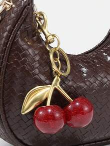 1pc Chocolate Brown Woven Textured Crescent-Shaped Armpit Bag, New Fall Fashion, Fashionable Decorative Cherry Charm, Vintage Style Underarm Pouch Suitable For Various Occasions, With Detachable Chain Strap For Crossbody Wear